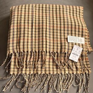 J. Crew tan, blue, black, red, white plaid twist fringe scarf. NWT.